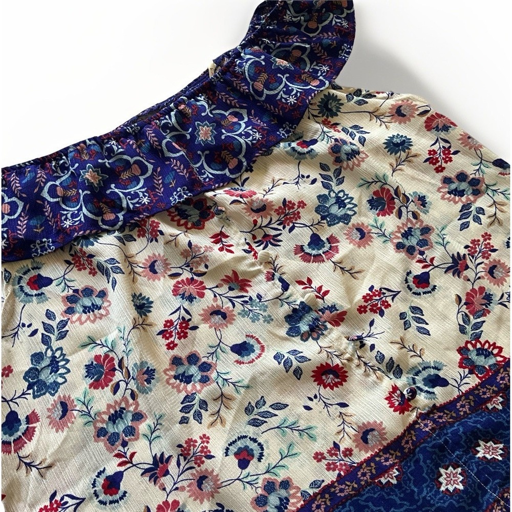 Floral Print Off Shoulder Top Bohemian Style Blue Red White‎ Patterned
